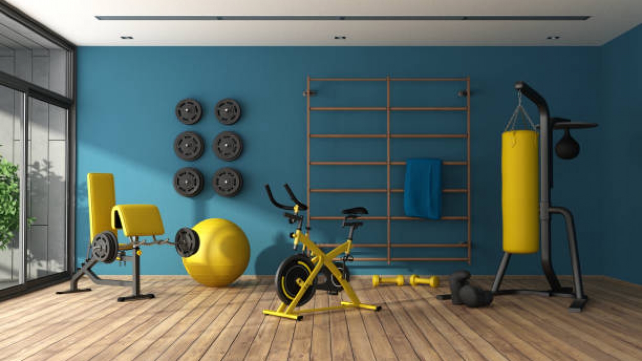 Blue home gym with punching boxer, bicycle and other fitness equipment - 3d rendering
Note: the room does not exist in reality, Property model is not necessary